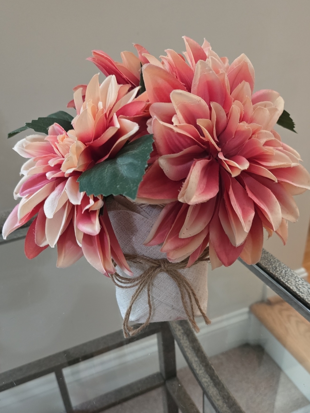 Shabby Chic Pink Artificial Dahlia Bouquet in Burlap Wrap